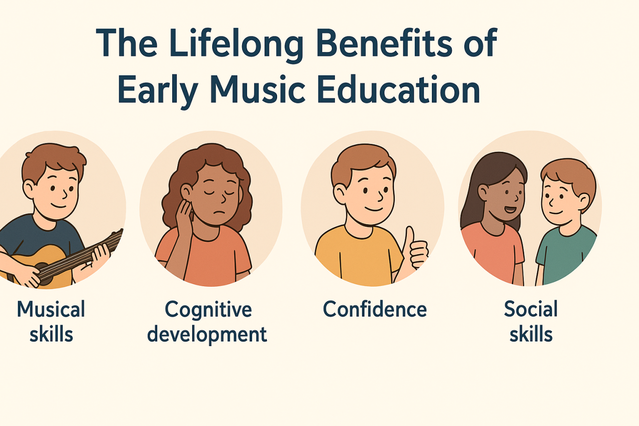 Infographic showing the lifelong benefits of music education — developing musical skills, cognitive growth, confidence, and social skills in children and teens.